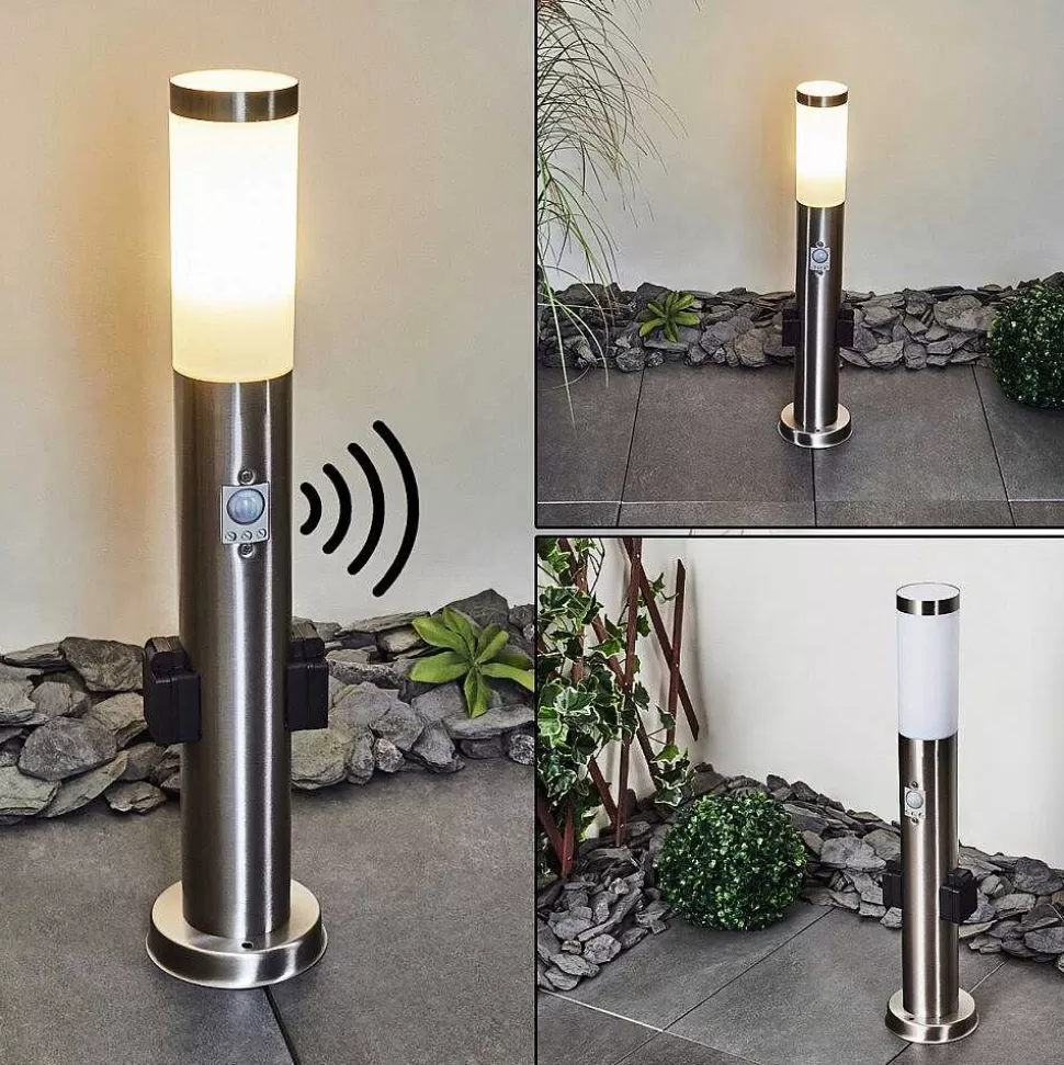 hofstein Luminaires Extérieurs Avec Prise>Borne Lumineuse Gaborone Led Nickel Mat, 1 Lumiere, Detecteur De Mouvement