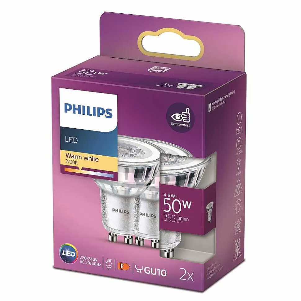 Luminaires Philips Ampoules Gu10>Philips 2X Led Gu10 4,6 Watt 2700 Kelvin 355 Lumen