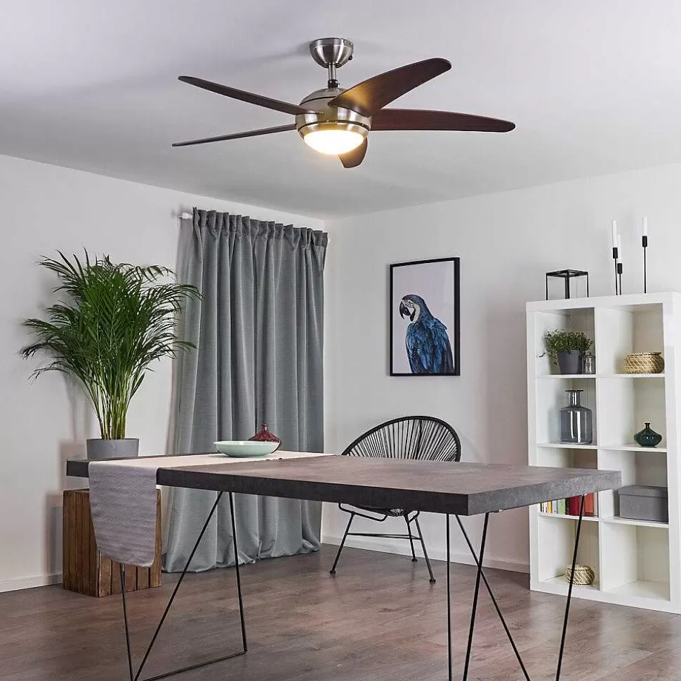 hofstein Plafonniers Et Lustres Ventilateurs>Ventilateur De Plafond Imon Bois Fonce, Nickel Mat, 1 Lumiere, Telecommandes