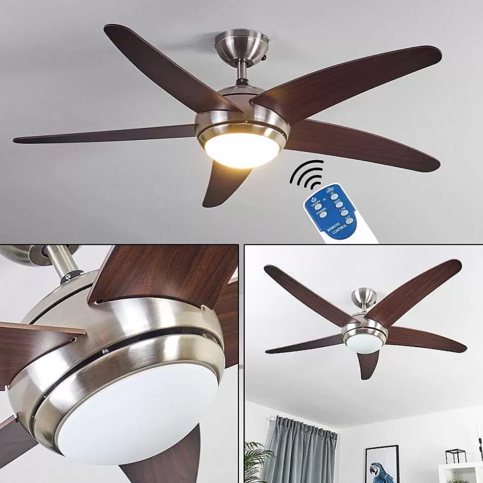 hofstein Plafonniers Et Lustres Ventilateurs>Ventilateur De Plafond Imon Bois Fonce, Nickel Mat, 1 Lumiere, Telecommandes