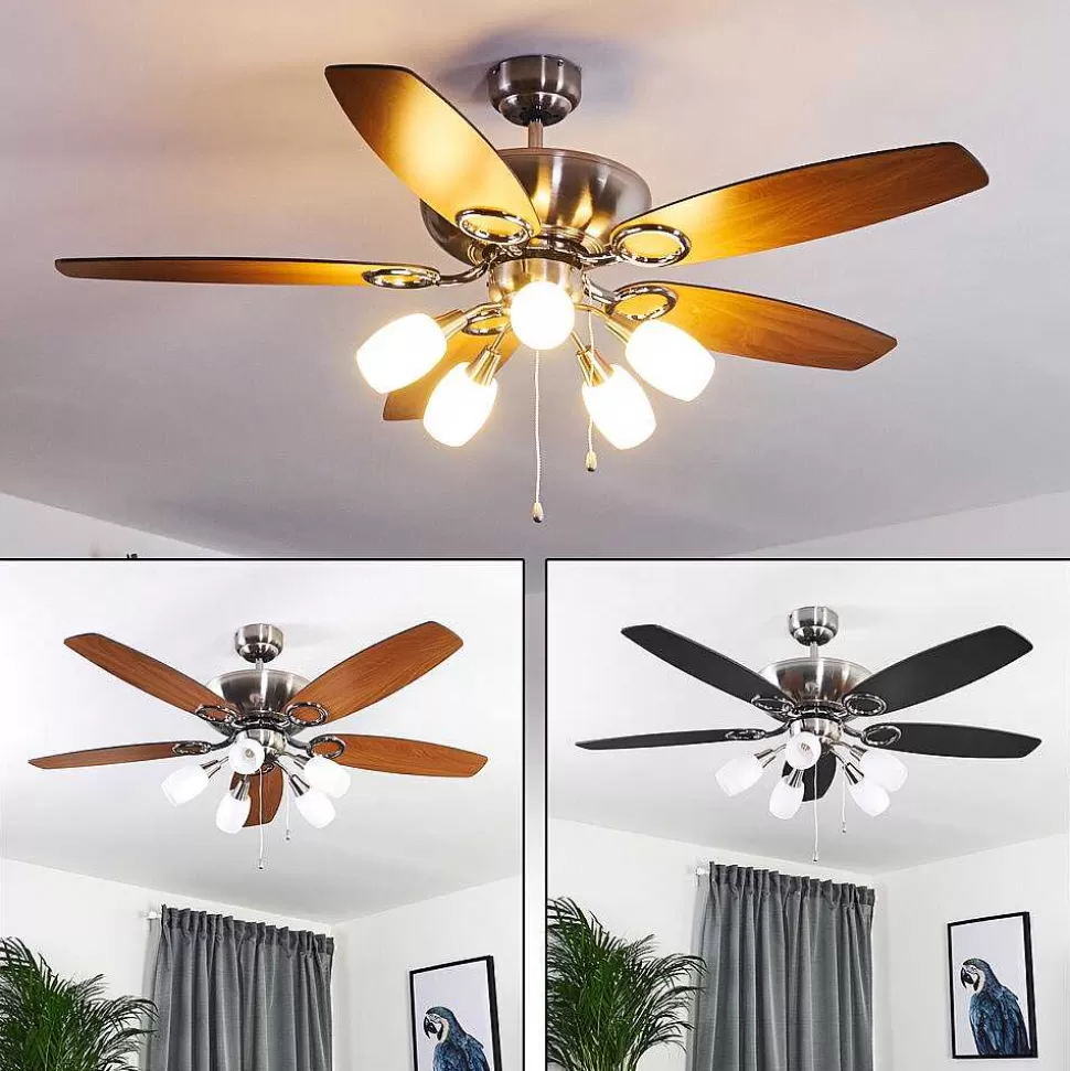hofstein Plafonniers Et Lustres Ventilateurs>Ventilateur De Plafond Irving Chrome, Gris, Bois Clair, 5 Lumieres
