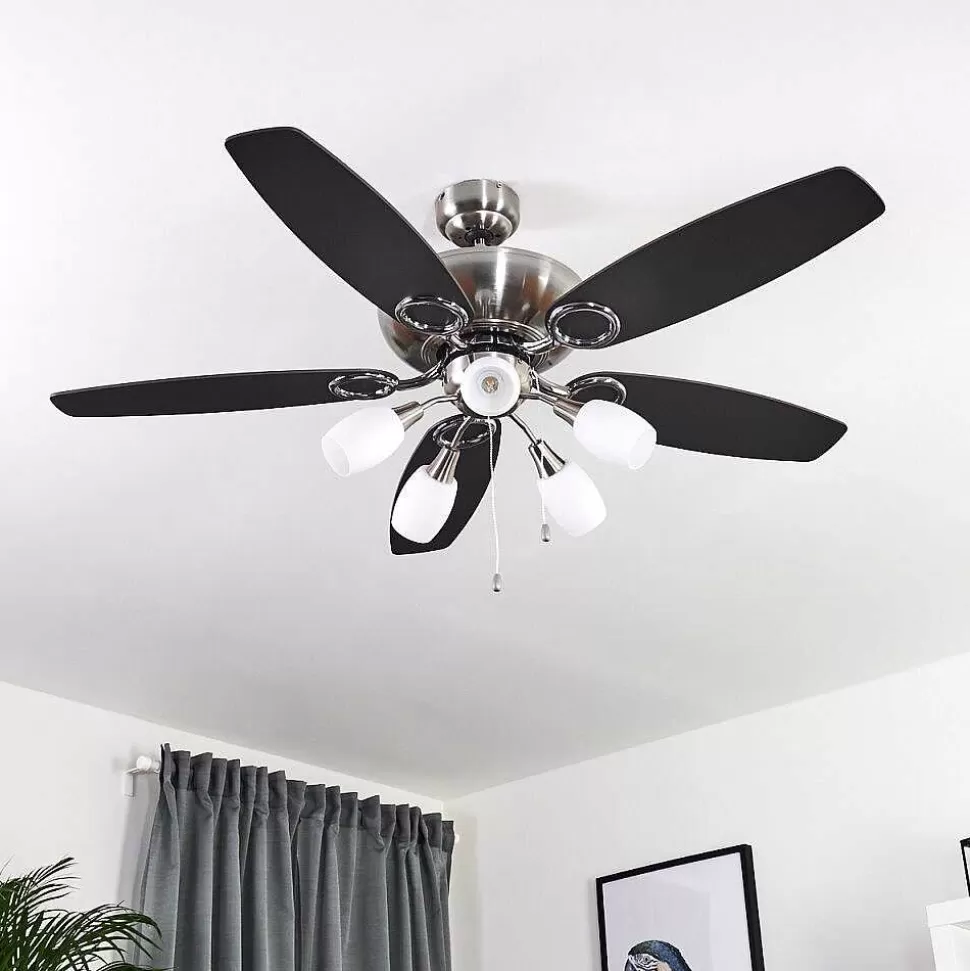 hofstein Plafonniers Et Lustres Ventilateurs>Ventilateur De Plafond Irving Chrome, Gris, Bois Clair, 5 Lumieres